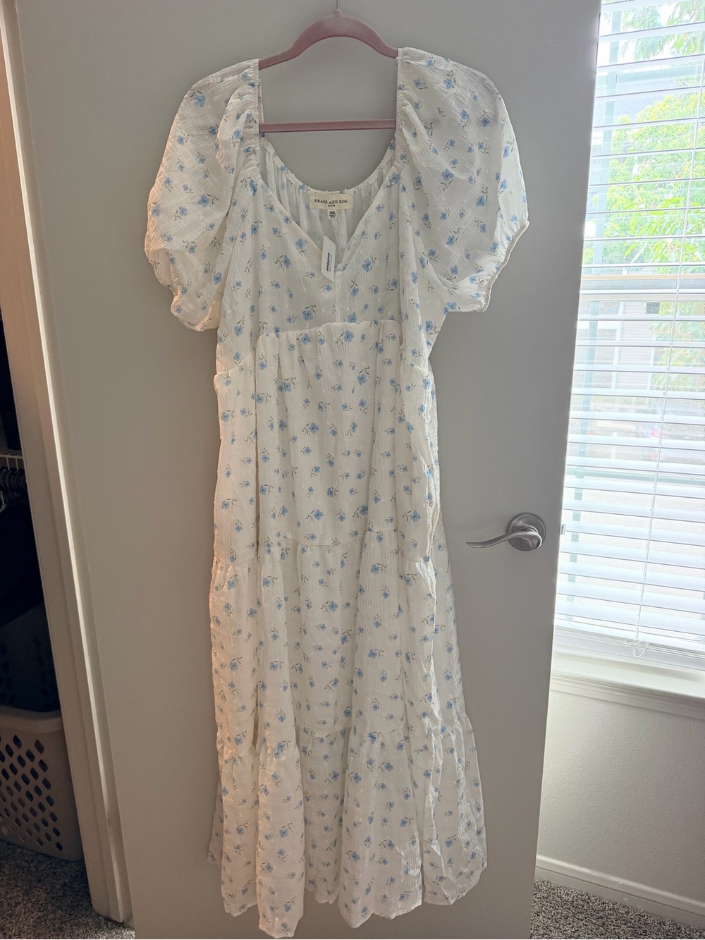White Maxi Dress with Blue Floral Print and Puff Sleeves